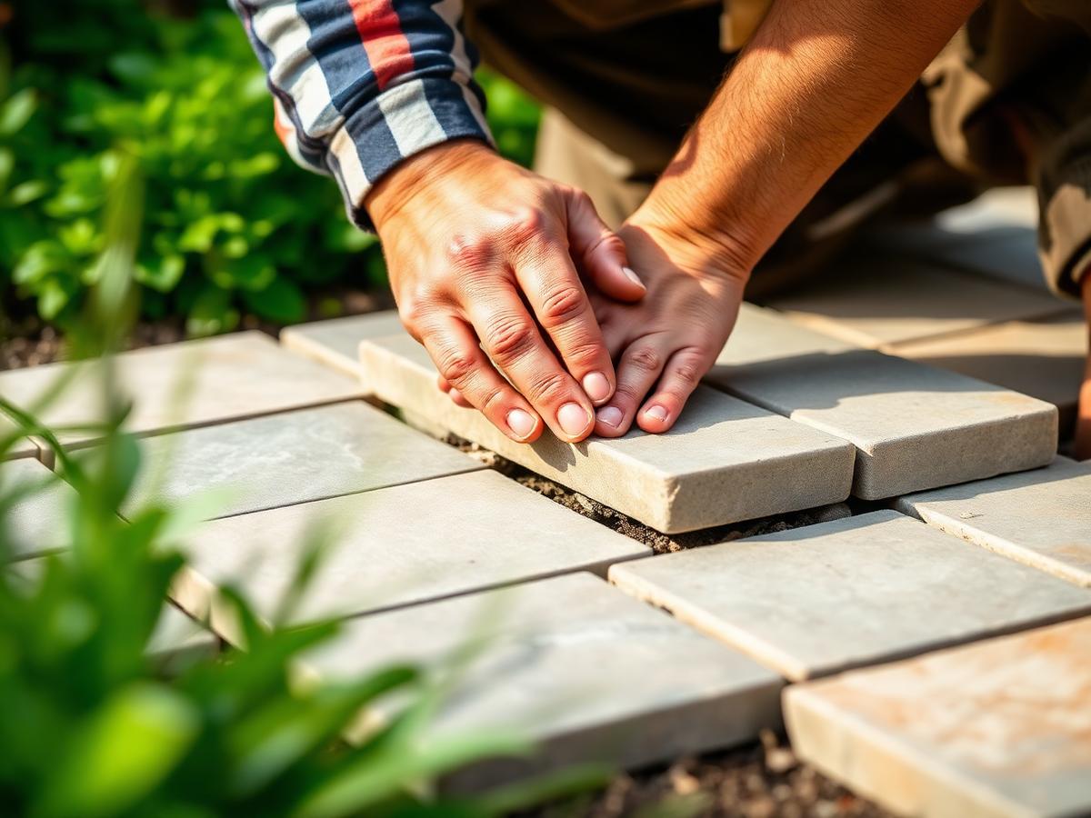 Hovenier legt natuurstenen terrastegels
